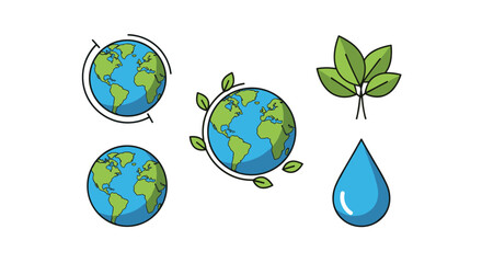 Collection of icons representing earth, leaves, and water droplets, symbolizing environmental protection and nature.