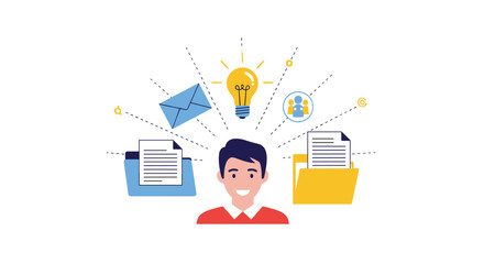Illustration of a smiling person with icons of a lightbulb, email, documents, and people representing ideas and workflow.
