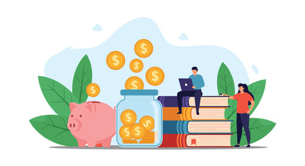 Financial education and savings concept with piggy bank, jar and books.