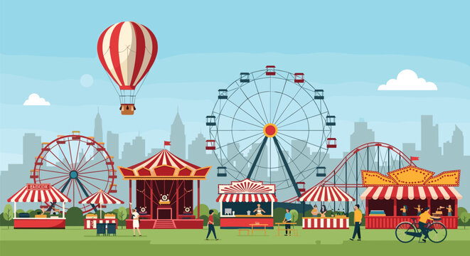 Amusement park with rides, food stalls, and people enjoying a day out.