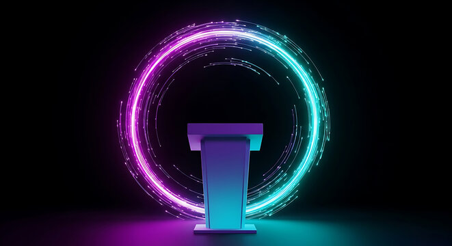 Futuristic podium with a glowing neon ring in a dark environment, representing innovation and technology - Powered by Adobe