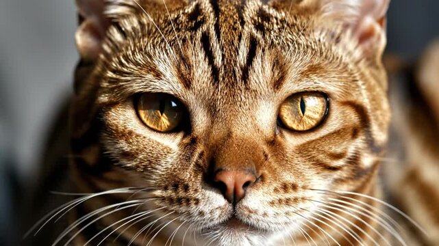 Close-up portrait of a Bengal cat showcasing its striking fur patterns and intense gaze in a cozy setting