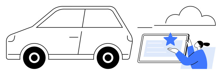 Car with cloud connectivity and person interacting with a digital interface. Ideal for technology, transportation, innovation, customer service, digital solutions, connectivity, automation. Simple