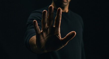 Urgent stop gesture from a man in dark clothing, conveying a powerful message of denial or boundary setting.