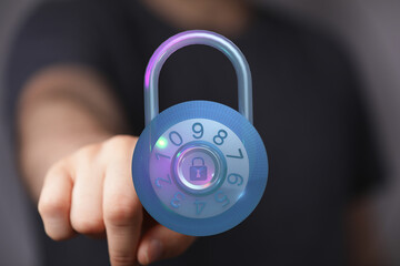 A digital padlock graphic representing data protection and cyber security. This image depicts online safety, encryption, and digital