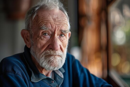 Close up portrait of a thoughtful senior man with a white beard and blue shirt, conveying a sense of wisdom and life experience