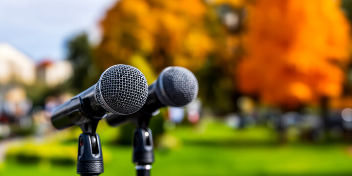 poster with microphones set up against a backdrop of an autumn park, showing the press awaiting the speaker's speech and preparing for the news