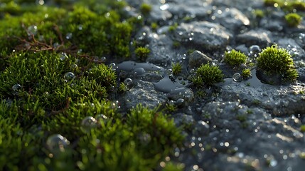 Ultra-close macro texture of moss with micro water droplets on a stone surface in soft ambient light.