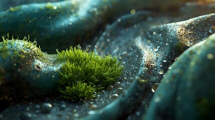 Ultra-close macro texture of moss with micro water droplets on a stone surface in soft ambient light.