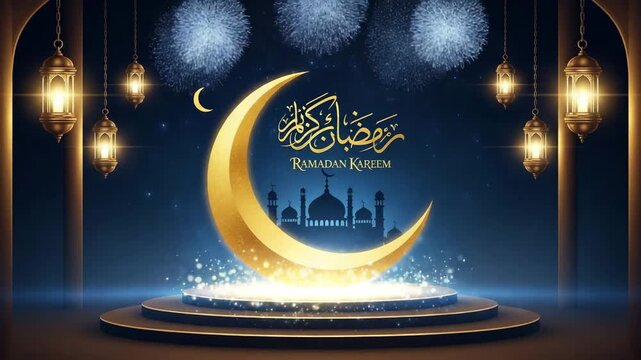 Golden crescent with lanterns and mosque for ramadan kareem design
