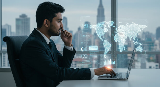 Focused businessman analyzing global data projections on futuristic holographic interface in modern office setting