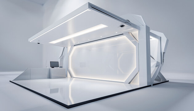 Sleek modern exhibition booth design with integrated technology and clean lines for impactful brand showcases