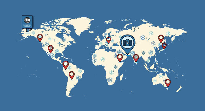 Flat world map with travel icons highlighting global destinations and snowflakes