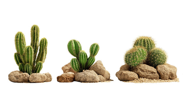 Three cactus arrangements on rocks isolated on a transparent background