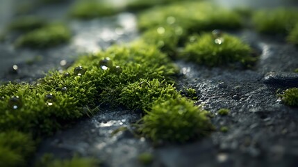 Ultra-close macro texture of moss with micro water droplets on a stone surface in soft ambient light.