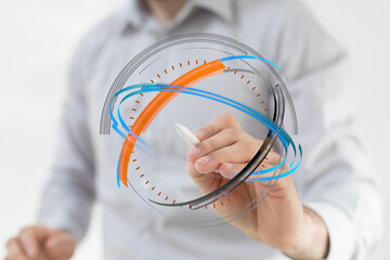 An abstract illustration of a person interacting with a futuristic digital interface, time concept represented by circular lines and