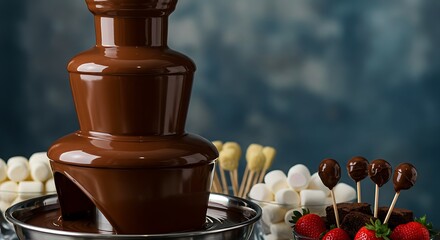 Cascading melted chocolate fountain ready for dipping with marshmallows and fresh strawberries on a festive buffet table