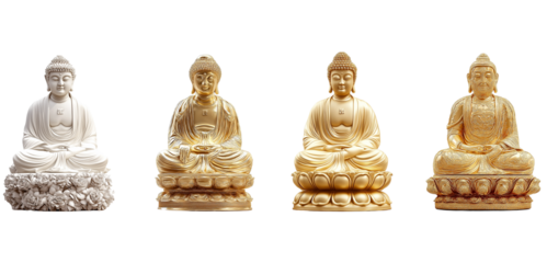 Four Buddha Statues in Meditation Pose isolated on a transparent background