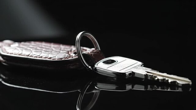 Key and Leather Keychain on Reflective Surface - Close-up shot of a silver key with a silver keyring attached to a brown leather keychain.