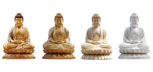 Four Buddha Statues in Different Materials isolated on a transparent background