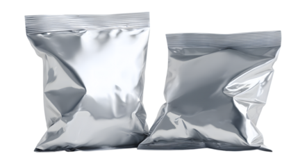 Two silver foil pouches isolated on a transparent background