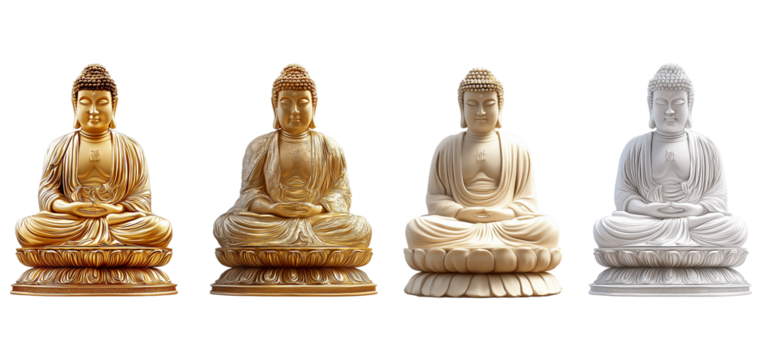 Four Buddha Statues in Different Materials isolated on a transparent background