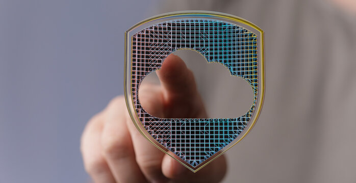Abstract image of a finger touching a cloud shield. Concept for data protection, security, and cloud computing.  Digital transformati