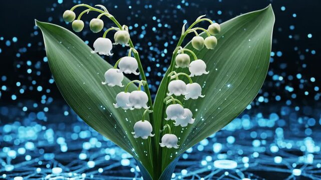 Lily of the Valley on Abstract Blue Background - This video shows a bunch of lily of the valley flowers sprouting from between two large green leaves.