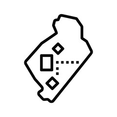 Outline map icon with various location markers and a dashed line route, symbolizing navigation and logistics services.