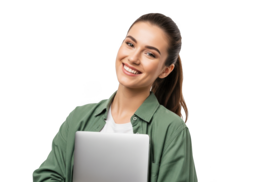 Young woman with a bright smile holding a modern laptop computer ready for work or study isolated on transparent background