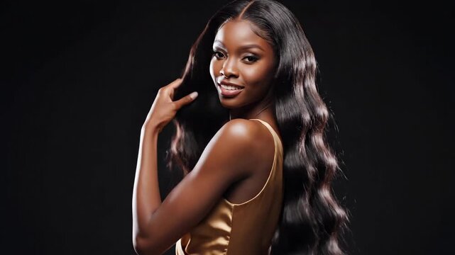 Elegant Woman with Long Wavy Hair - A beautiful African American woman with long wavy dark hair is posing against a dark background. She is wearing a gold-colored dress and lightly touches her hair.