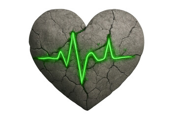 Stone heart with glowing green ekg heartbeat line, symbolizing broken love, emotional pain, or medical resilience
