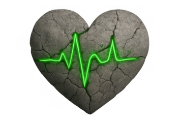 Stone heart with glowing green ekg heartbeat line, symbolizing broken love, emotional pain, or medical resilience