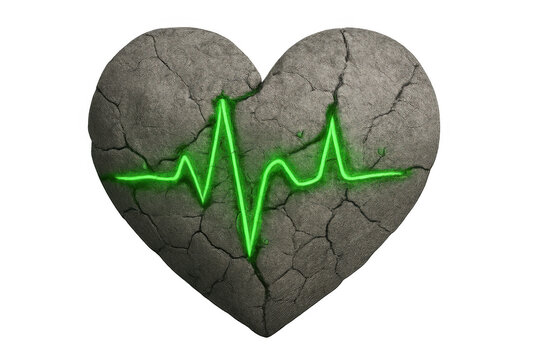 Stone heart with glowing green ekg heartbeat line, symbolizing broken love, emotional pain, or medical resilience