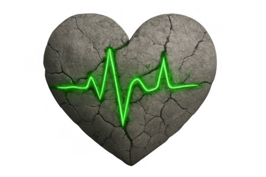 Stone heart with glowing green ekg heartbeat line, symbolizing broken love, emotional pain, or medical resilience - Powered by Adobe