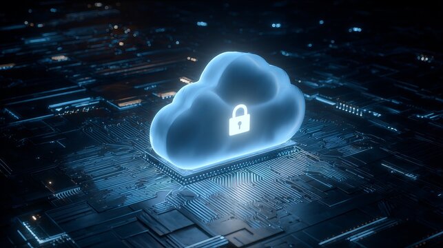 Secure cloud computing concept for business data storage and network solutions featuring illuminated circuitry and padlock, symbolizing safety and reliability