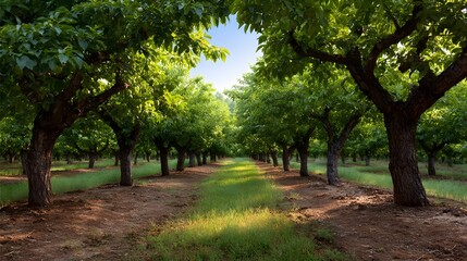 Fototapeta premium Sunlight illuminates a serene fruit orchard with lush green trees in neat rows creating a peaceful morning landscape