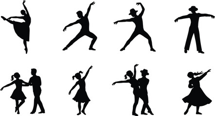 Collection of black silhouettes of dancers in various poses and styles ballet