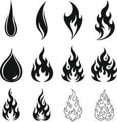 Collection of stylized black silhouette flame icons and fire symbols in various artistic designs and shapes