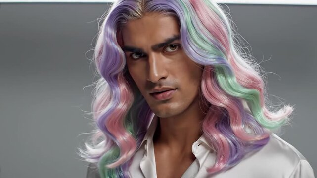 Man with Pastel Colored Hair - A man with long, wavy pastel colored hair is shown in this close-up studio shot.