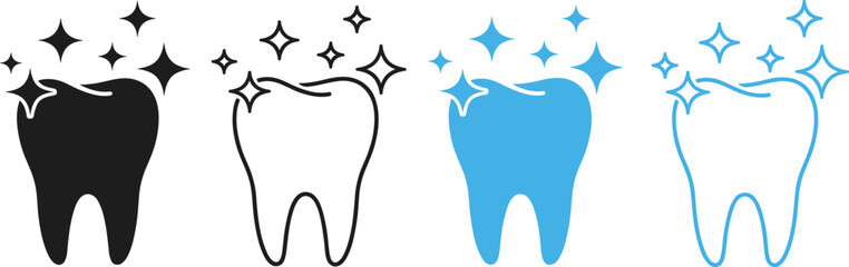 A set of clean and shiny tooth icons in black, outline, and blue styles, symbolizing dental health, hygiene, teeth whitening, and professional oral care services.