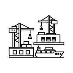 Shipping port logistics icon with cargo cranes, vessel, and containers illustrating global trade and transportation