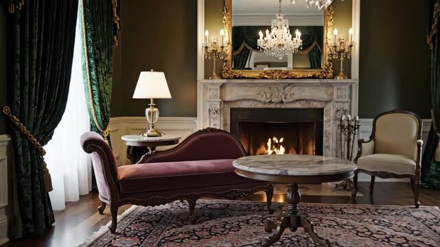 Elegant Living Room with Fireplace - A luxurious living room featuring a plush chaise lounge, marble-topped tables, and a grand fireplace with ornate detailing.