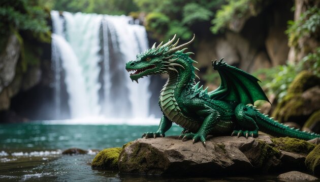 Green Dragon Statue on Rock by Majestic Waterfall in Lush Fantasy Landscape.