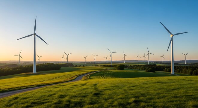 Rolling hills covered in green grass with wind turbines at sunset - Powered by Adobe