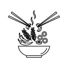 Spicy asian noodle bowl with chopsticks and steam outline art