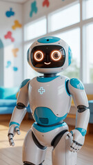 Friendly medical robot standing in bright pediatric clinic with blue and white design
