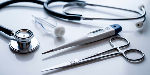 Closeup of modern medical tools on white table in clinical setting