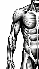 Detailed anatomical illustration of human muscular and skeletal system in black and white