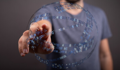 Man's hand interacting with a stream of digital code, representing technology, internet, and data. Suitable for IT, cybersecurity, an